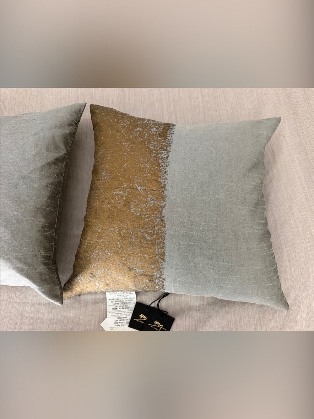 Michael Aram Two Decorative Gold and Light Gray Accent Pillows